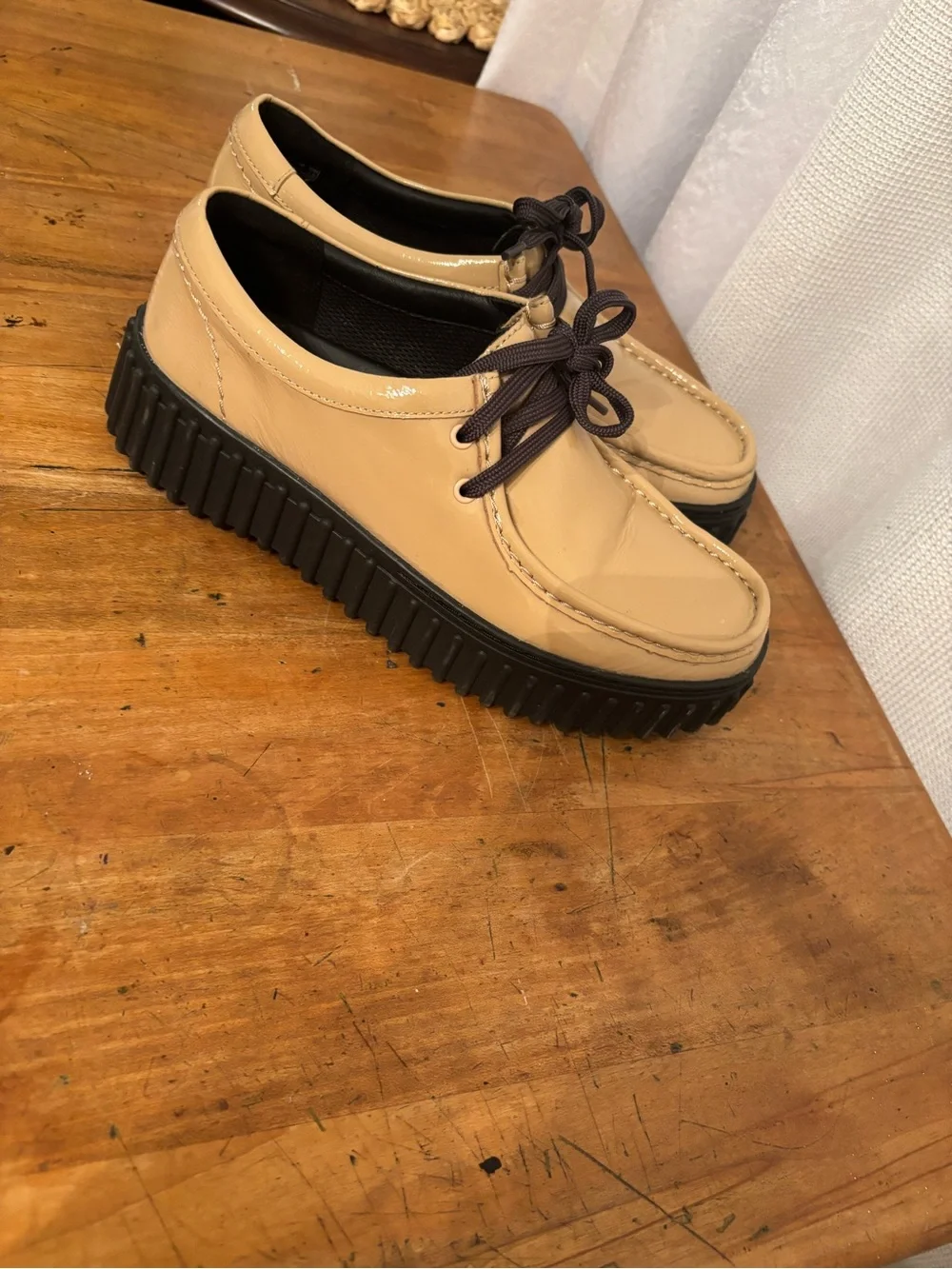 Clarks Beige Patent Platform Oxfords with Black Lug Sole